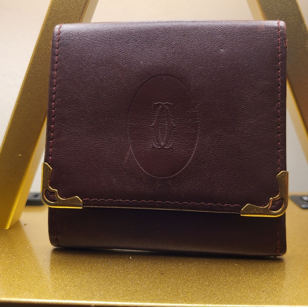 Cartier Must Line Classic Vintage Leather Coin Case Wine Red